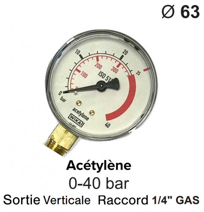 Manomètre pour détendeur - Acétylène - 0 à 40 bar
