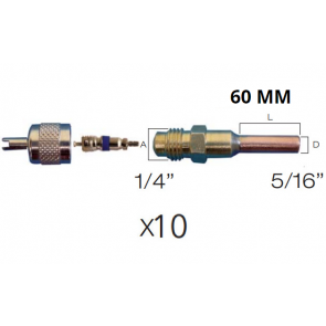 Lot de 10 x Raccords droit valve schrader avec embout cuivre 5/16" X 60 MM